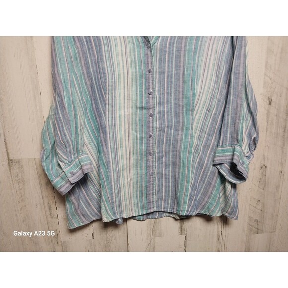 Coldwater Creek Shirt Womens 2X Linen Striped Button Up Tunic 3/4 Sleeve Top - Picture 2 of 7